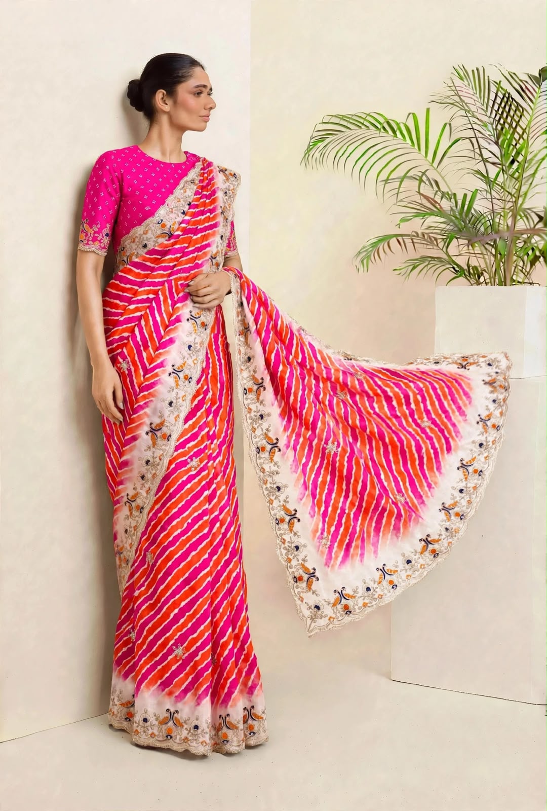 Soft Shinon Laheriya Print Saree with Embroidered Pallu & Border